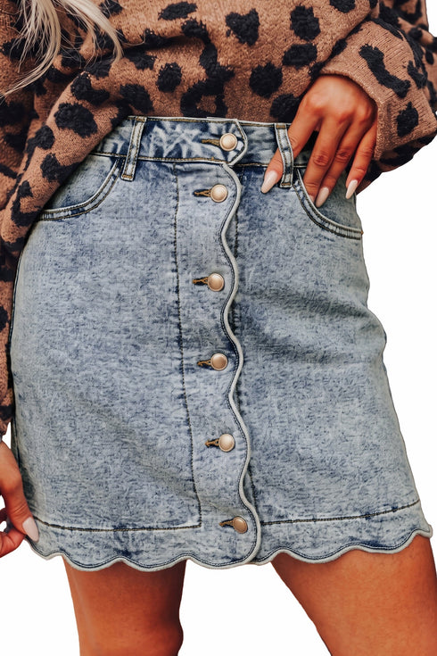 Scalloped Edge Button Front Cotton Rich Denim Mini Skirt