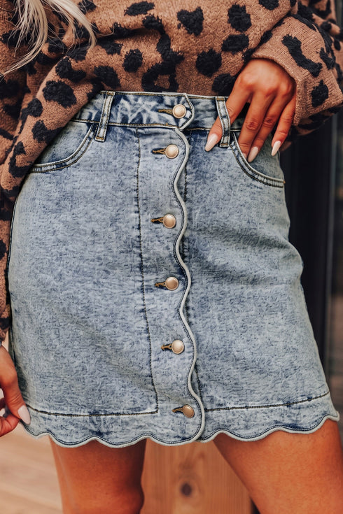 Scalloped Edge Button Front Cotton Rich Denim Mini Skirt