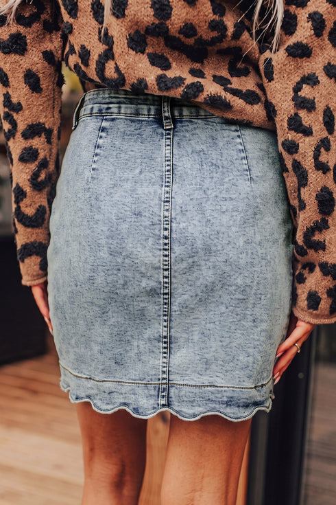 Scalloped Edge Button Front Cotton Rich Denim Mini Skirt