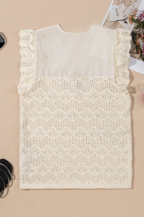 Scalloped Eyelet And Crochet Ruffle Sleeve Knit Top