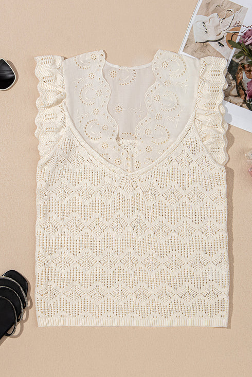 Scalloped Eyelet And Crochet Ruffle Sleeve Knit Top