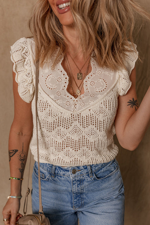 Scalloped Eyelet And Crochet Ruffle Sleeve Knit Top