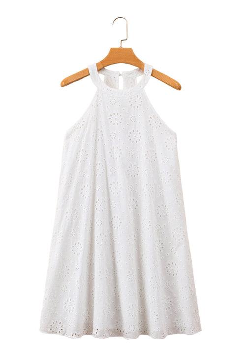 Scalloped Eyelet Halter Trapeze Mini Dress