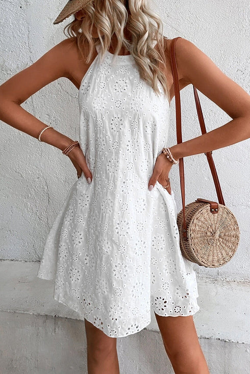 Scalloped Eyelet Halter Trapeze Mini Dress