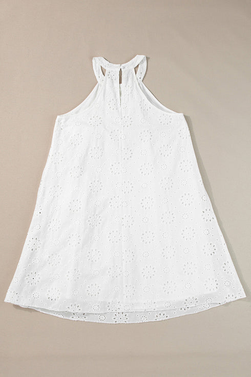 Scalloped Eyelet Halter Trapeze Mini Dress