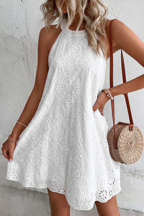 Scalloped Eyelet Halter Trapeze Mini Dress