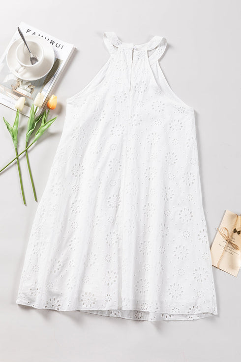Scalloped Eyelet Halter Trapeze Mini Dress