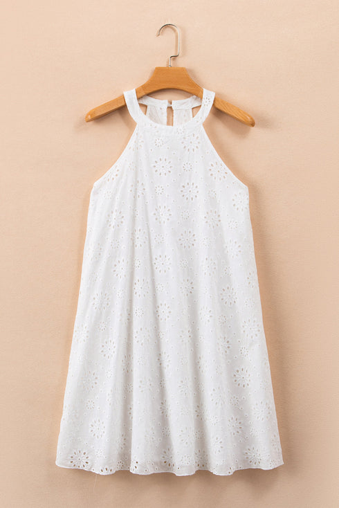 Scalloped Eyelet Halter Trapeze Mini Dress