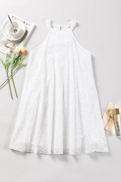 Scalloped Eyelet Halter Trapeze Mini Dress