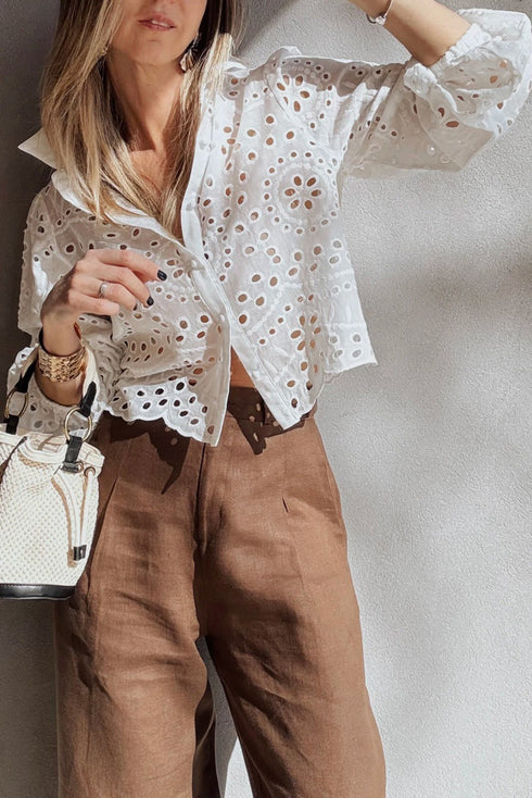 Scalloped Eyelet Puff Sleeve Collared Button Down Shirt