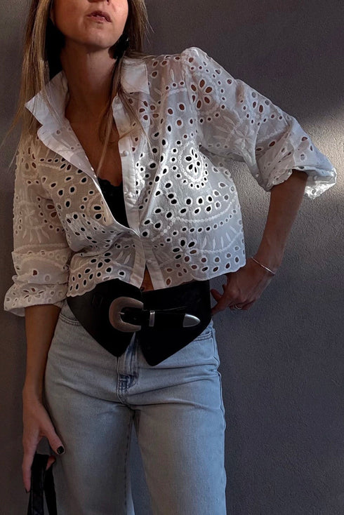 Scalloped Eyelet Puff Sleeve Collared Button Down Shirt