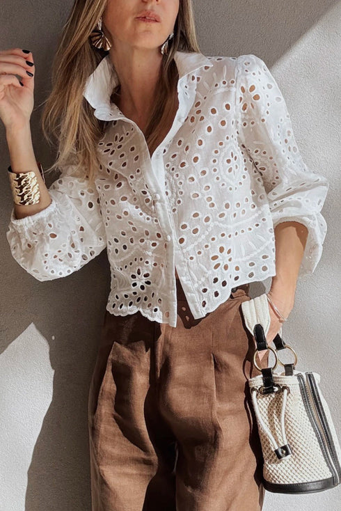 Scalloped Eyelet Puff Sleeve Collared Button Down Shirt