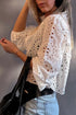 Scalloped Eyelet Puff Sleeve Collared Button Down Shirt
