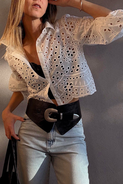 Scalloped Eyelet Puff Sleeve Collared Button Down Shirt