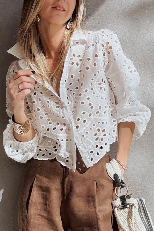 Scalloped Eyelet Puff Sleeve Collared Button Down Shirt