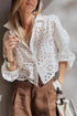 Scalloped Eyelet Puff Sleeve Collared Button Down Shirt
