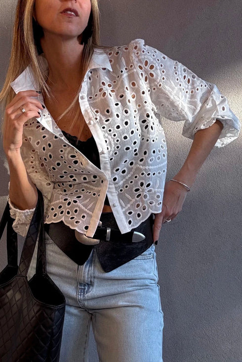 Scalloped Eyelet Puff Sleeve Collared Button Down Shirt