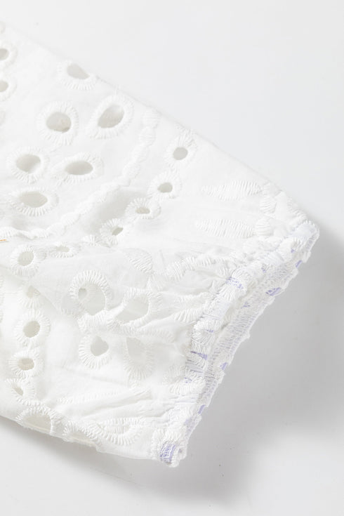 Scalloped Eyelet Puff Sleeve Collared Button Down Shirt