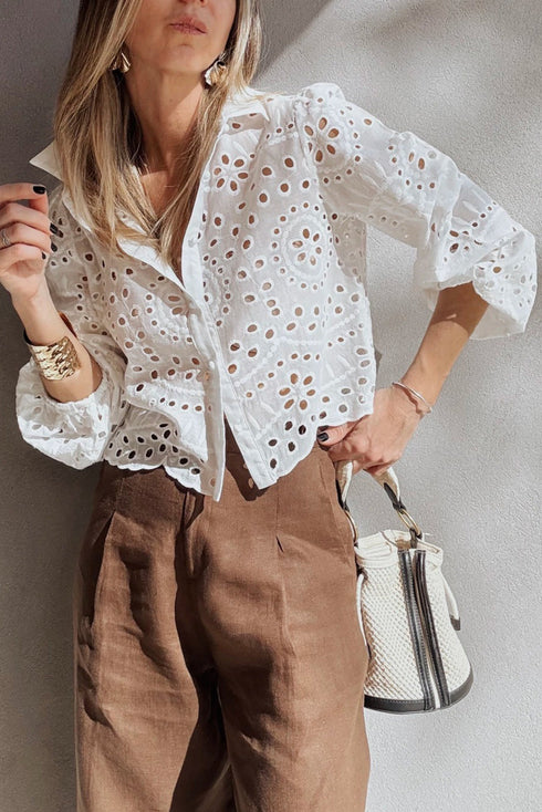 Scalloped Eyelet Puff Sleeve Collared Button Down Shirt