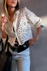 Scalloped Eyelet Puff Sleeve Collared Button Down Shirt
