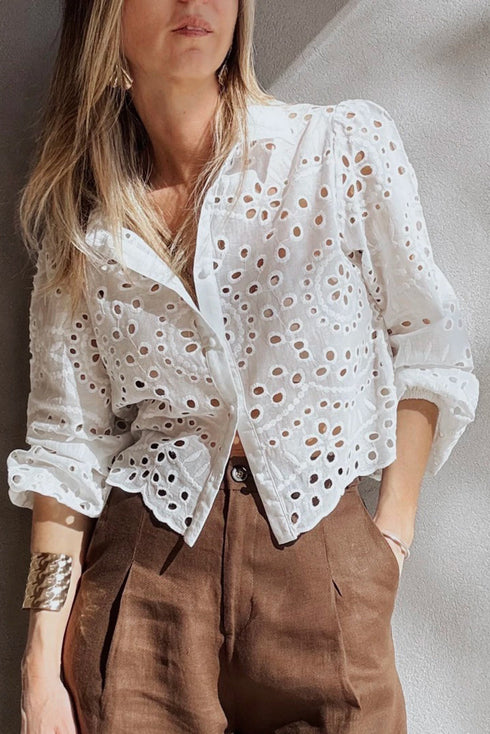 Scalloped Eyelet Puff Sleeve Collared Button Down Shirt