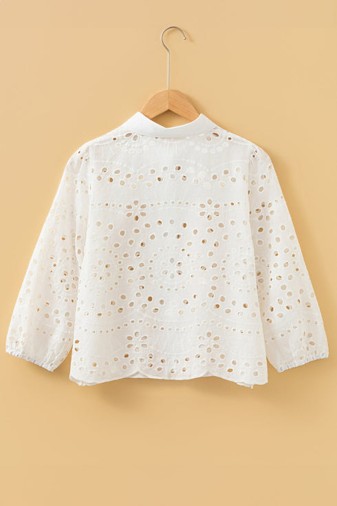 Scalloped Eyelet Puff Sleeve Collared Button Down Shirt