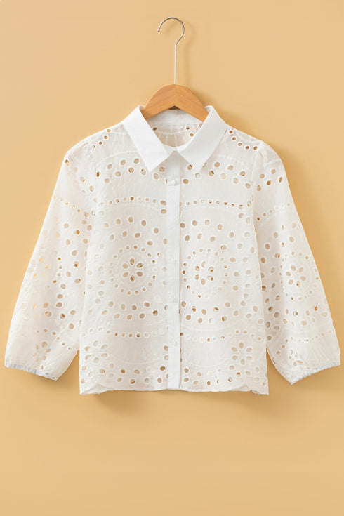 Scalloped Eyelet Puff Sleeve Collared Button Down Shirt