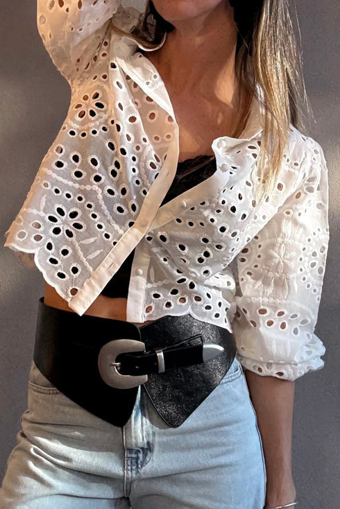 Scalloped Eyelet Puff Sleeve Collared Button Down Shirt