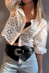 Scalloped Eyelet Puff Sleeve Collared Button Down Shirt