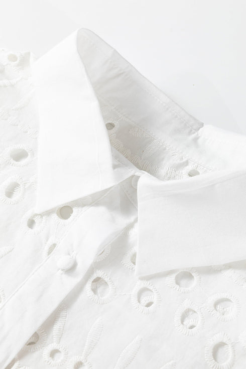 Scalloped Eyelet Puff Sleeve Collared Button Down Shirt