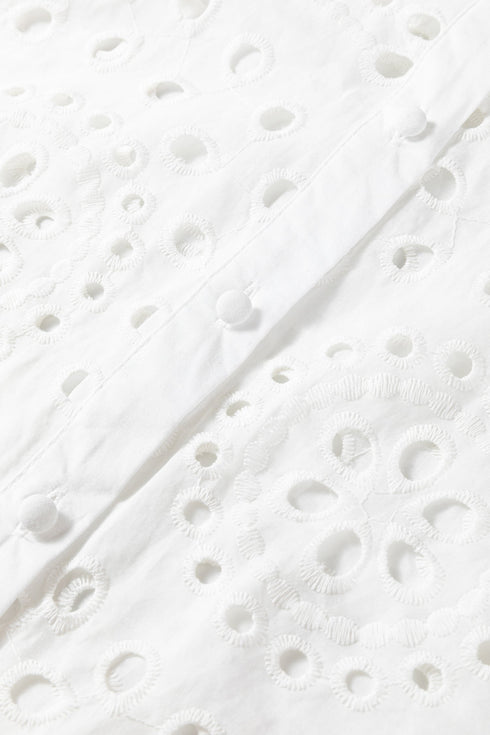 Scalloped Eyelet Puff Sleeve Collared Button Down Shirt