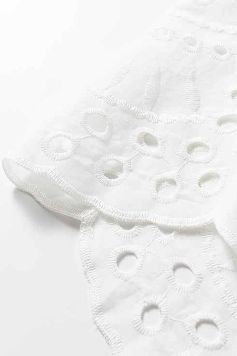 Scalloped Eyelet Puff Sleeve Collared Button Down Shirt