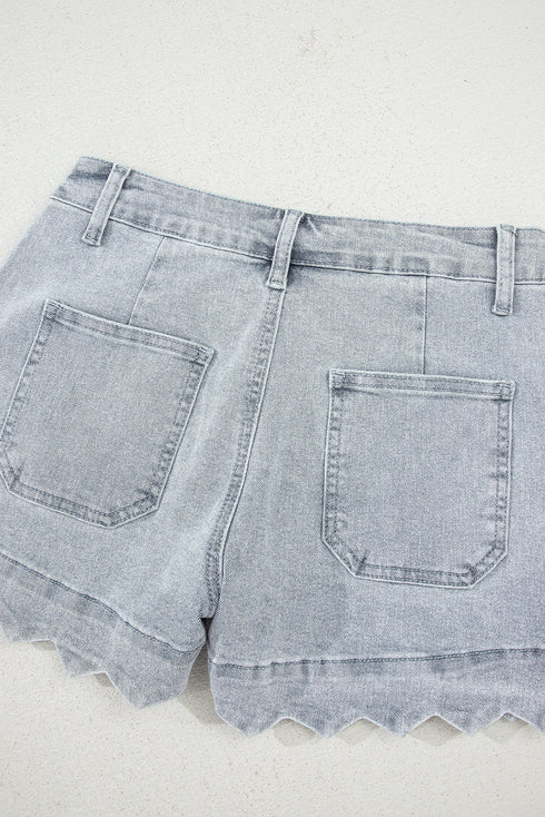 Scalloped Hem High Waist Vintage Wash Denim Shorts
