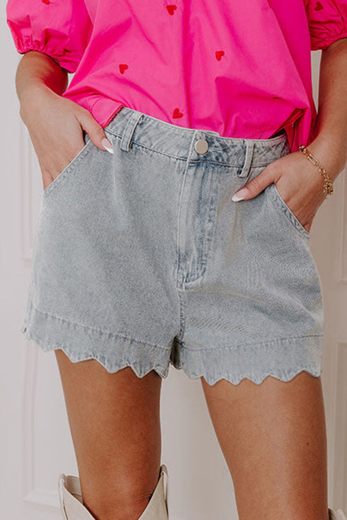 Scalloped Hem High Waist Vintage Wash Denim Shorts