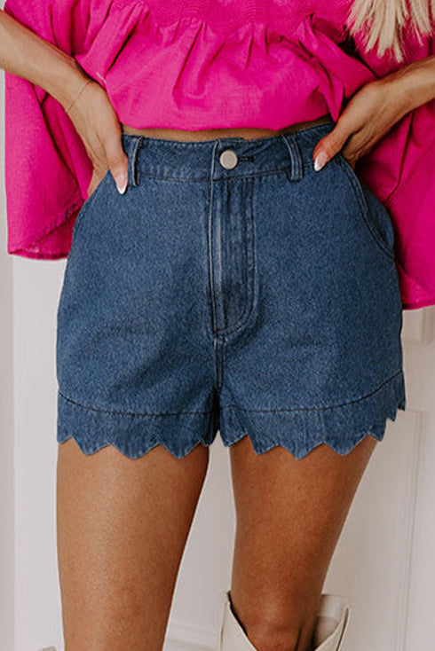 Scalloped Hem High Waist Vintage Wash Denim Shorts