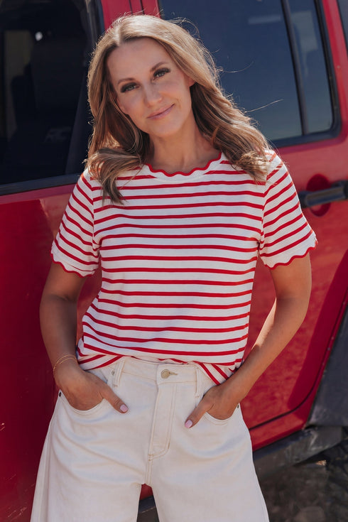 Scalloped Hem Striped Print Short Sleeve Cotton Blend T Shirt