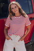 Scalloped Hem Striped Print Short Sleeve Cotton Blend T Shirt