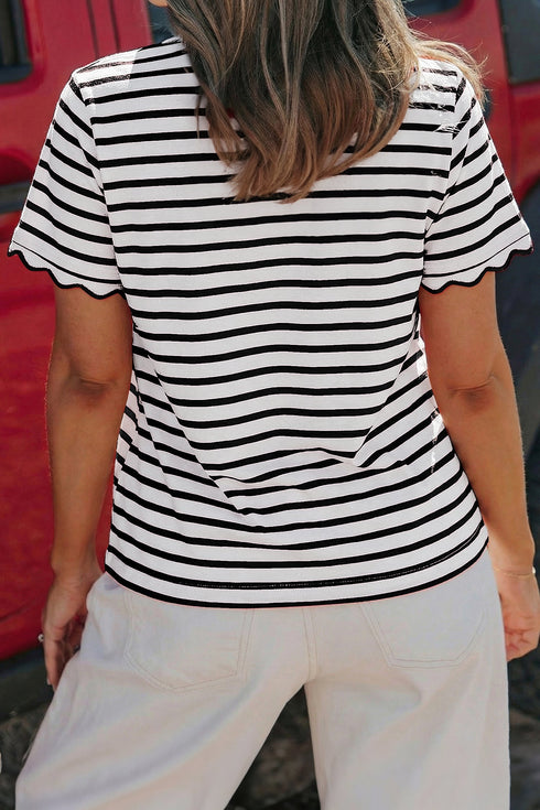 Scalloped Hem Striped Print Short Sleeve Cotton Blend T Shirt