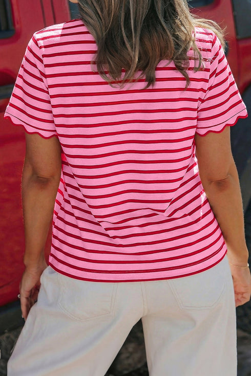 Scalloped Hem Striped Print Short Sleeve Cotton Blend T Shirt