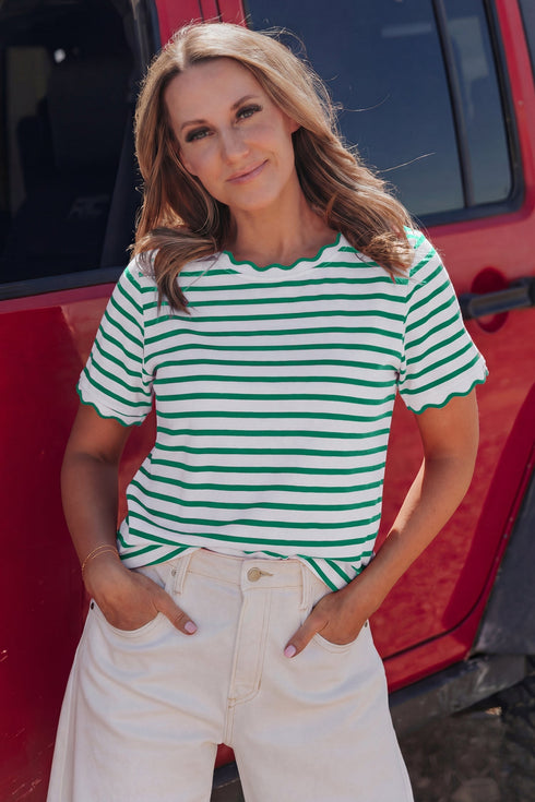Scalloped Hem Striped Print Short Sleeve Cotton Blend T Shirt