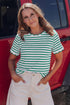 Scalloped Hem Striped Print Short Sleeve Cotton Blend T Shirt