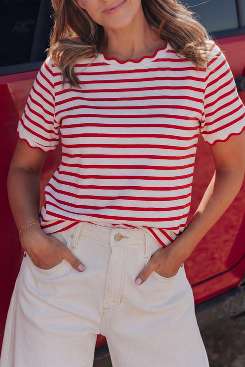 Scalloped Hem Striped Print Short Sleeve Cotton Blend T Shirt