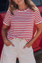 Scalloped Hem Striped Print Short Sleeve Cotton Blend T Shirt