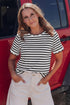 Scalloped Hem Striped Print Short Sleeve Cotton Blend T Shirt