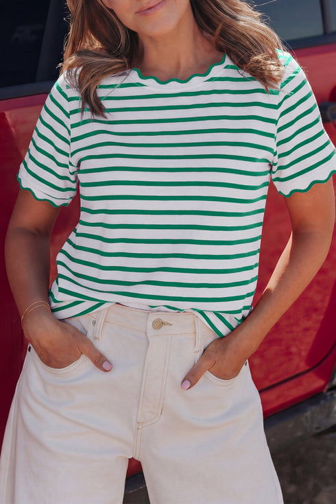 Scalloped Hem Striped Print Short Sleeve Cotton Blend T Shirt