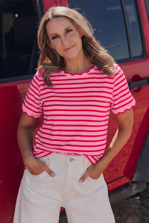 Scalloped Hem Striped Print Short Sleeve Cotton Blend T Shirt