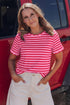 Scalloped Hem Striped Print Short Sleeve Cotton Blend T Shirt