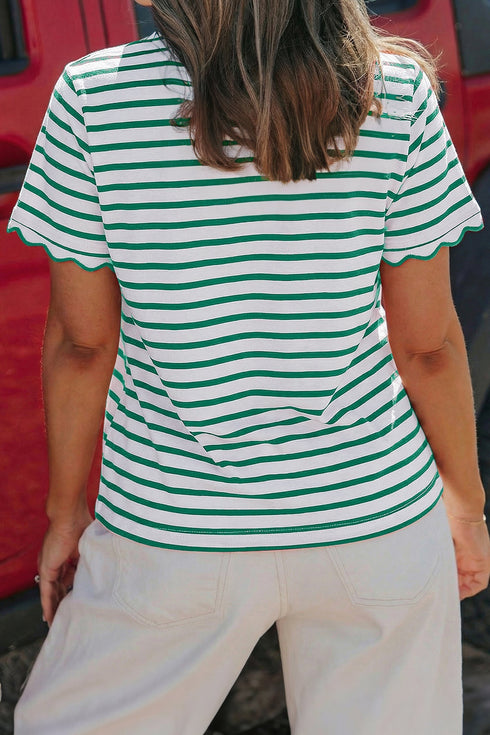 Scalloped Hem Striped Print Short Sleeve Cotton Blend T Shirt
