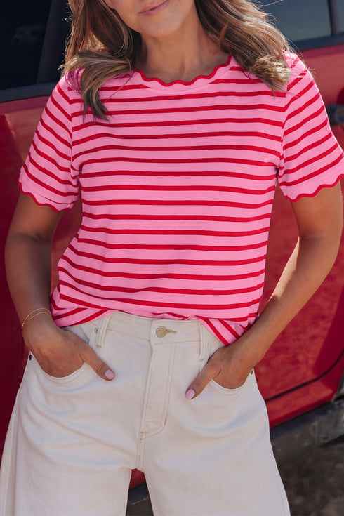 Scalloped Hem Striped Print Short Sleeve Cotton Blend T Shirt