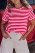 Scalloped Hem Striped Print Short Sleeve Cotton Blend T Shirt